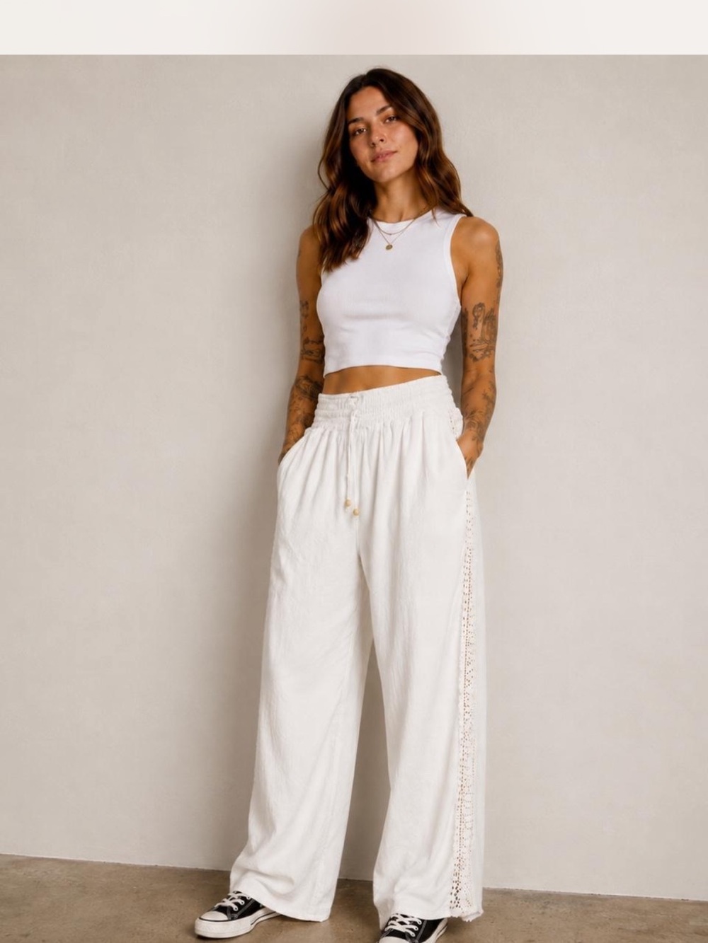 SeaSpice Women’s Large White Crochet Side Trim Wide Leg 100% Peruvian Cotton